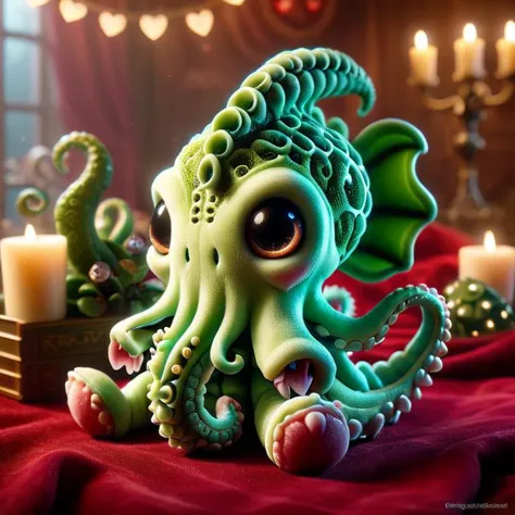 there is a green octopus with a big eyes sitting on a table