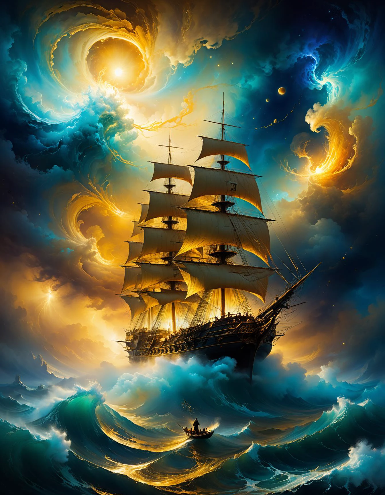 by Ivan Aivazovsky and Josh Adamski,  (golden , nebulous , masterful:1.4), poster art, bold lines, hyper detailed, expressive,  award winning,  (scenery:1.4), (intricate details, masterpiece, best quality:1.4),
looking at viewer, dynamic pose, wide angle view, dark limited palette, dramatic lighting,
