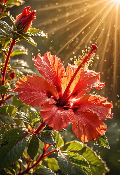 macro photography, ferien, (pollen), red hibiscus, morning dew, golden hour, light rays, <lora:add-detail-xl:1>