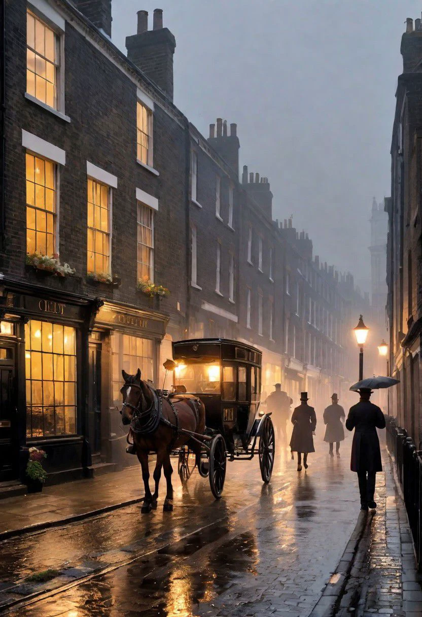 1880s Misty Victorian filthy midnight London cobbled streets with horse drawn carriages, british bobbies, post lights, flower-sellers, chimney-sweeps, petty criminals in the style of Jonathan Thompson