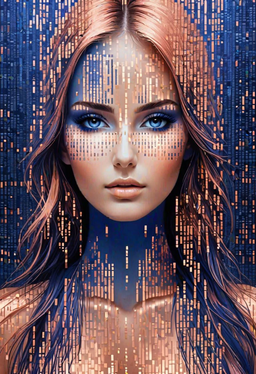 一连串的腮红、靛蓝和铜色二进制代码, 形成一个迷人女人的轮廓, 居中, 期待, 完美的眼睛, 疯狂的构图, 16千