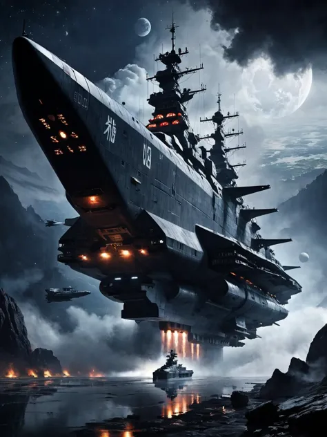 Dystopian style (Space Battleship Yamato:1.4), Star Blazers, Space-themed Nautical-themed a floating ship in the sky, scifi, ret...