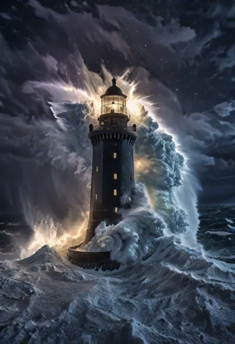 masterpiece,award winning photo,digital photo,night vision,storm,rain,big giant waves,big  swell,tall lighthouse under the snow,...