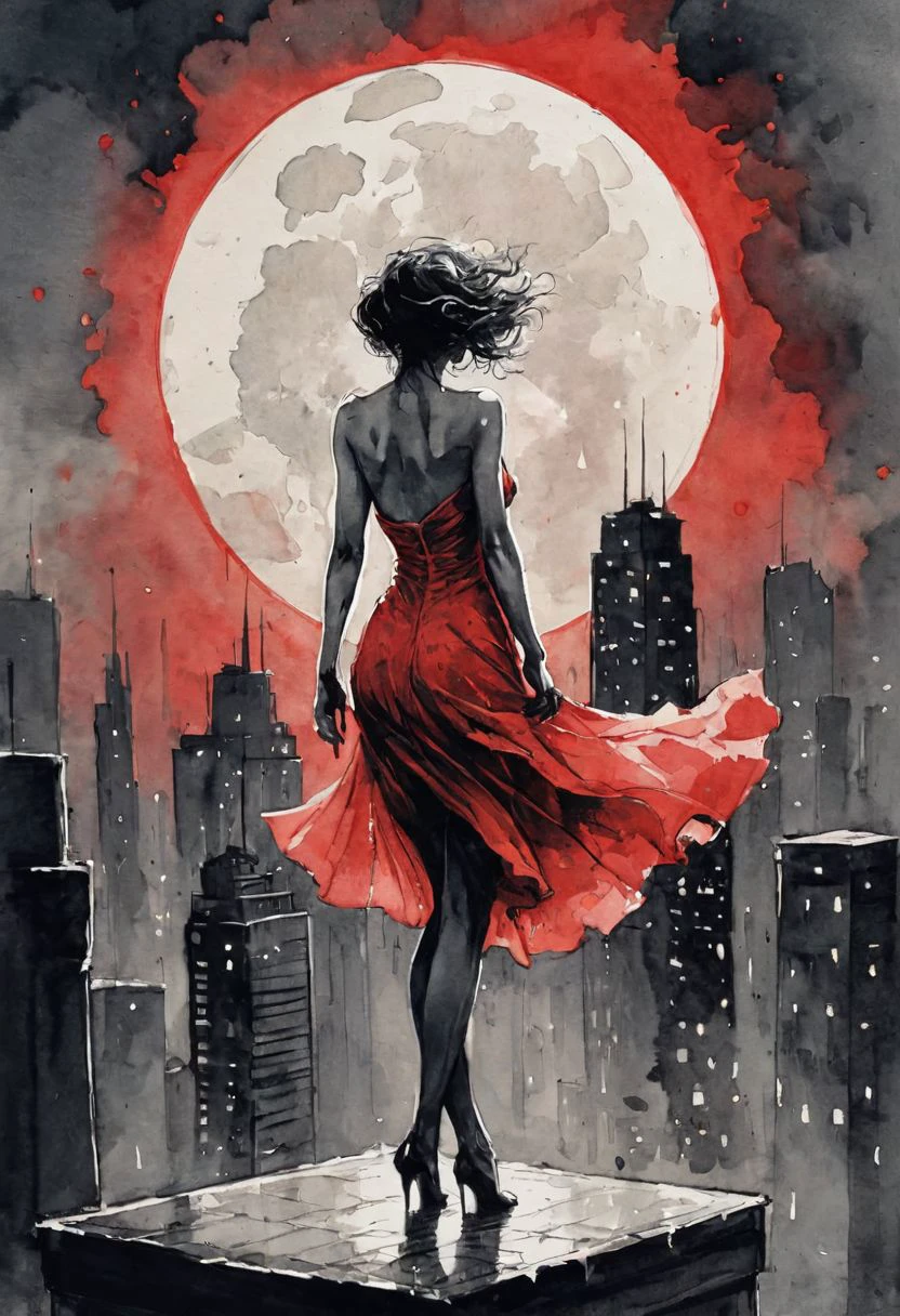 インクイラスト, 赤い月の下、高層ビルの屋上で一人踊る女性の、心に残るほど悲しい光景, 女性の赤いドレスと月だけが色彩を放っている, インクの飛沫, 下書きのスケッチ, 不機嫌な, 暗い, 暗い絵, ハイコントラスト, 様式化された