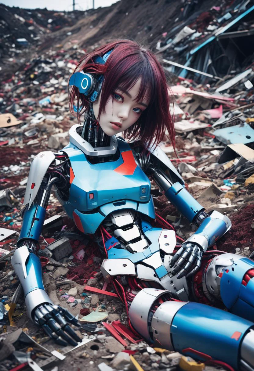 Photo d&#39;une jeune fille cyborg en ruine dans une décharge, robot, le corps est brisé avec des cicatrices et des trous,la moitié du visage est Android,allongé sur le sol, créer une scène hyperpunk avec des détails rouge foncé et bleu désaturés, polaroïd coloré aux couleurs vives, (les vacances, Haute résolution:1.3), (Petit, Mise au point sélective, cinéma européen:1.2), illustration d&#39;Otomo Katsuhiro