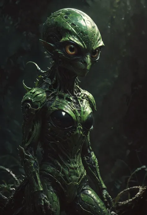 a woman in a green alien suit standing in a forest