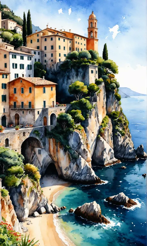 Alte Gebäude, real, palastartig, im Stil von Italien, Meer, Felsen im Hintergrund (verwinkelte Gassen ), Watercolor, trending on...