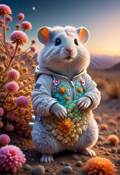 Award winning photograph, Dzungarian hamster in astronaut robe in Imagine alien flora on a remote planet, its petals shimmering with iridescent hues unseen on Earth. Each delicate petal ripples like liquid, refracting the sparse light into a mesmerizing display of colors. Amidst barren terrain, it stands as a beacon of vibrant life, emitting a faint, ethereal glow. Its fragrance, a mix of exotic spices and sweet nectar, beckons travelers to pause and marvel at its otherworldly beauty.  Low light, bioluminescent flora. <lora:RMSDXL_Creative:3> <lora:RMSDXL_Enhance:2>   <lora:ral-trichome:0.8> ral-trichom