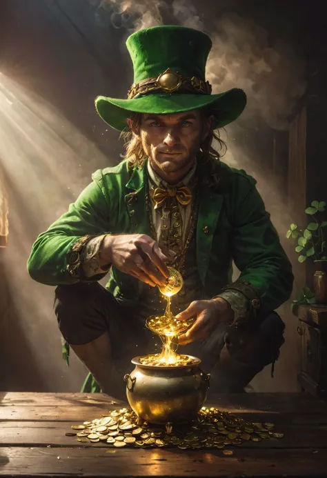 cinematic dark photo  of a leprechaun protecting his cauldron of shining gold, coins are stacked around the wooden tabletop, bun...