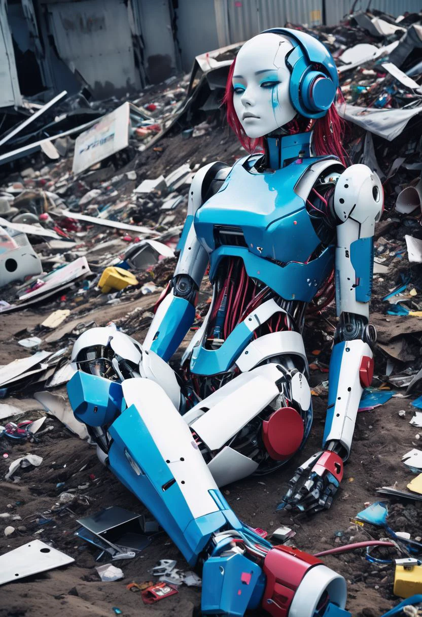 Foto eines kaputten, zerstörten Cyborg-Mädchens auf einer Mülldeponie, robot, Der Körper ist voller Narben und Löcher,die Hälfte des Gesichts ist Android,auf dem Boden liegend, Erstellen einer Hyperpunk-Szene mit entsättigten dunkelroten und blauen Details, farbenfrohes Polaroid mit leuchtenden Farben, (Urlaube, hohe Auflösung:1.3), (Klein, Selektiver Fokus, Europäischer Film:1.2), Kunst von Otomo Katsuhiro