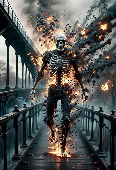 Skeleton running across a bridge,  dissolving into black smoke, Phantom of Death, mad-embr