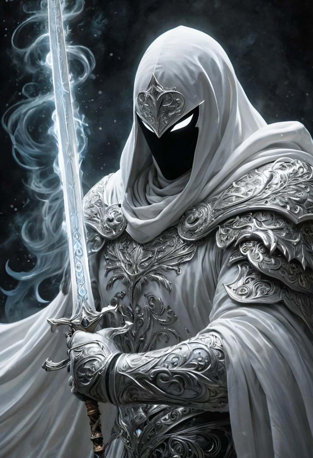 A closeup of fantastical image of a moon knight, clad in flowing, flowing robes, wielding an ornate, ornate blade. Their eyes are filled with power and determination, as they wield the sword in a fluid, dynamic motion. The moon's reflection highlights their magical power