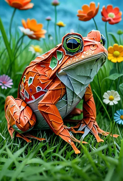 Full body illustration of ultra realistic very detailed cute orange red toad with big green very detailed dreamy cosmic eyes hid...