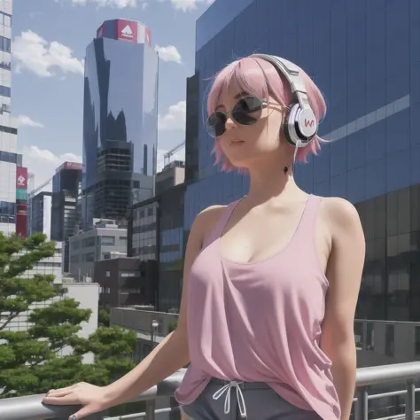 masterpiece, best quality, highly detailed,1girl, short hair, outdoors,  pink_hair,  {{facing viewer}}, sunglasses, headphones, ...