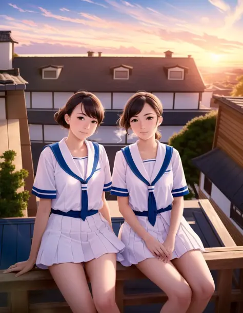 masterpiece, best quality, highly detailed,{{2girls}}, outdoors, smoking, school roof, sunset