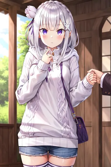 anime girl in short shorts and a hoodie holding hands with a man