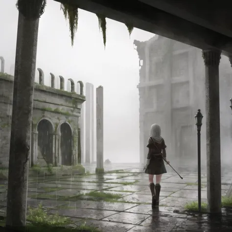 best quality, rain, fantasy, walking through ruined ancient buildings