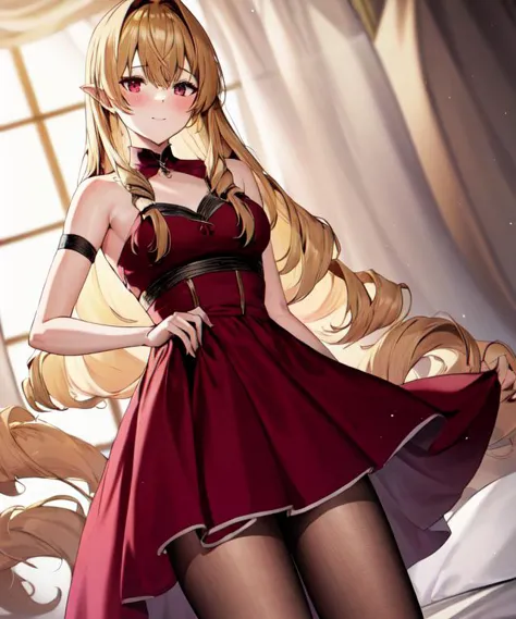 anime girl in a red dress with long blonde hair