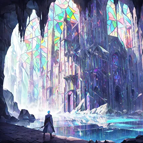absurdres, best quality, ultra-detailed, inside a cave, (fantasy city made of  multicolored glowing stained glass, specks of mul...