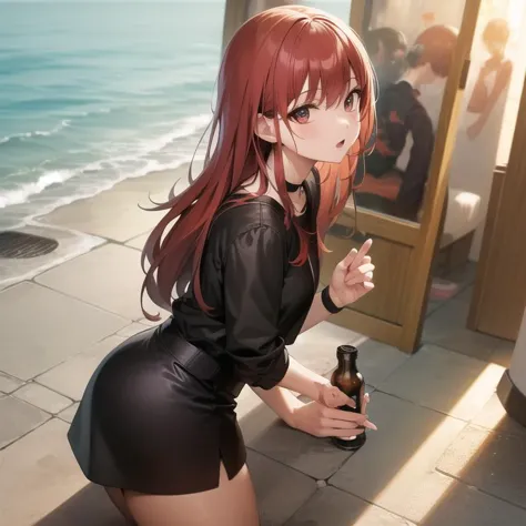 anime girl in black dress with red hair and a bottle of beer