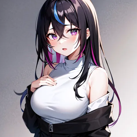 anime girl with long black hair and purple hair posing for a picture