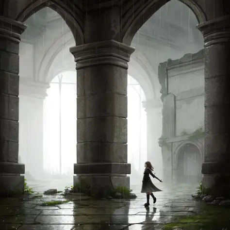 best quality, rain, fantasy, walking through ruined ancient buildings, 1girl,  detailed clothing, glowing eyes,