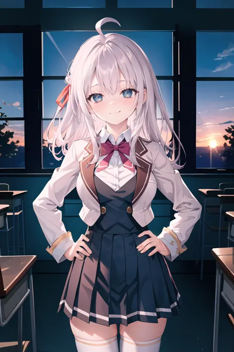 anime girl in school uniform standing in front of a window