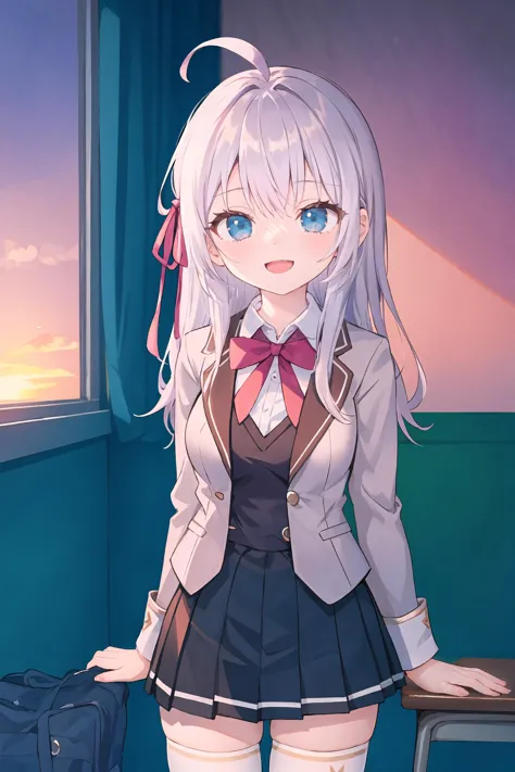 anime girl with white hair and blue eyes standing in front of a window