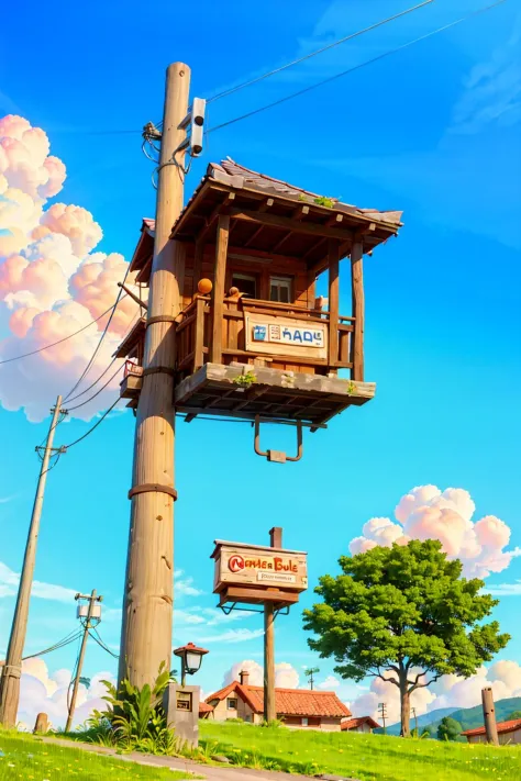 outdoors, sky, cloud, day, black hair, scenery, shirt, tree, blue sky, building, sign, no humans, power lines, white shirt, house, english text, railing, long hair, wide shot, short sleeves, utility pole <lora:airconditionerlora:1>