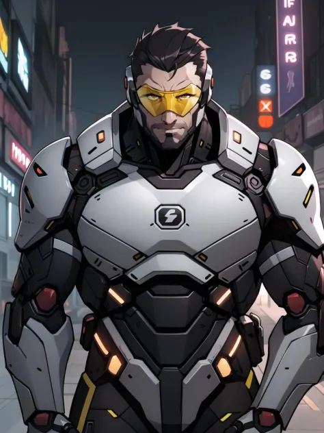 <lora:Overwatch2_Western-000016:0.3>,Sodier76,Mecha,overwatch2,Half-length close up,cyberpunk,science fiction background,comic style,in cyberpunk city,mechanical body,prosthetic transformation,portrait of detailed soldier with his mechanical bodysuit heavy exosuit,solo,futurism,masculinity,male_focus,upper_body