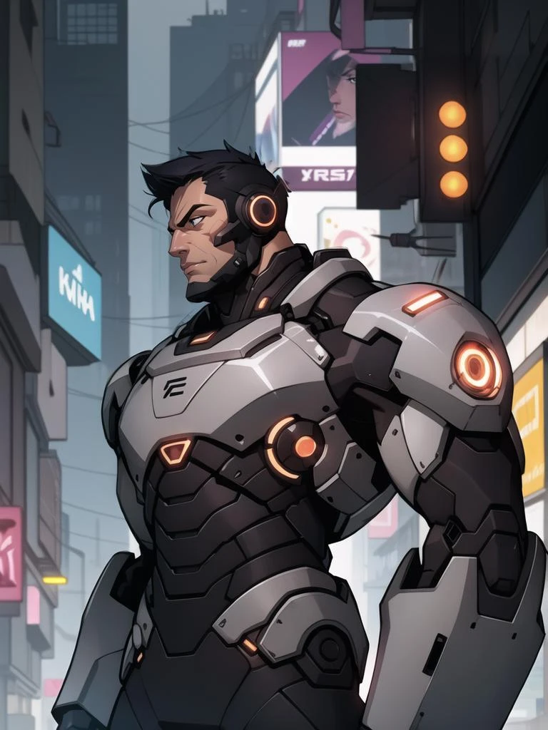 Sodier76,Mecha,overwatch2,Half-length close up,cyberpunk,science fiction background,comic style,in cyberpunk city,mechanical body,prosthetic transformation,portrait of detailed soldier with his mechanical bodysuit heavy exosuit,solo,futurism,masculinity,male_focus,upper_body