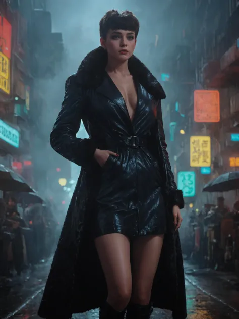 a woman in a black leather dress and coat standing in the rain