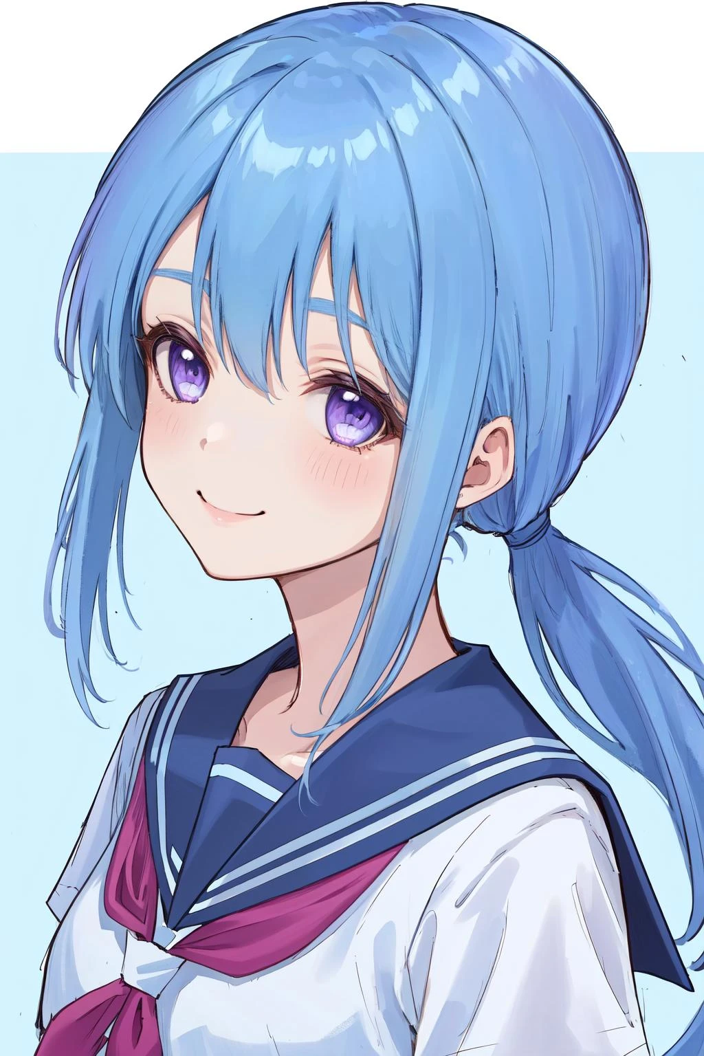 anime girl with blue hair and purple eyes