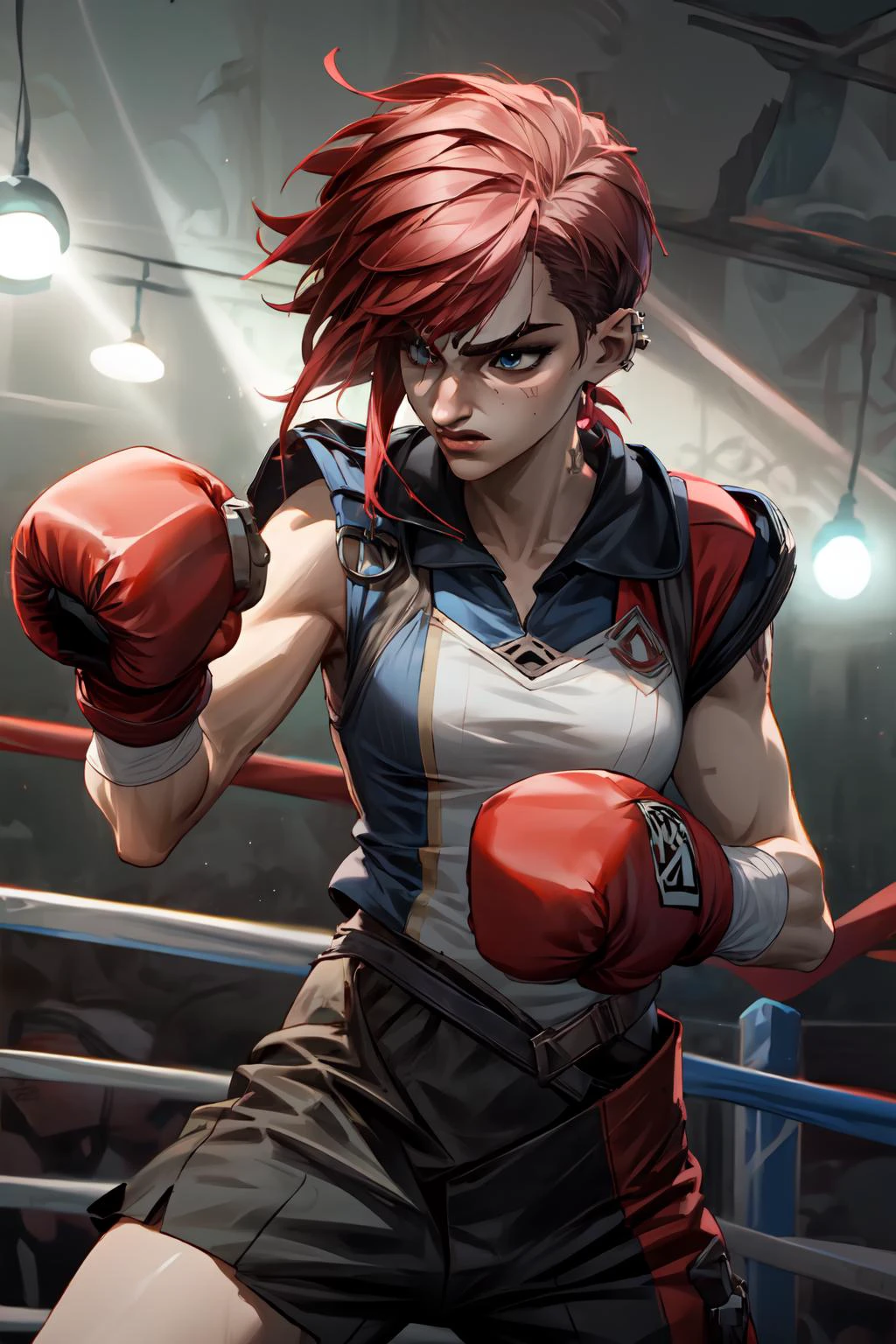 Mature female boxer、Ponytail with black hair、Brown-skinned