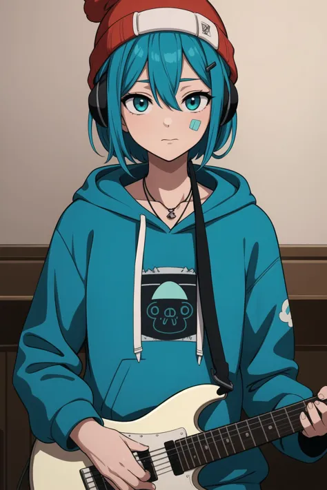 detailed_background,indoors,aqua_hair,holding_phone,hairclip,hair_between_eyes,guitar,beanie,straight-on,looking_at_viewer,eyes_...