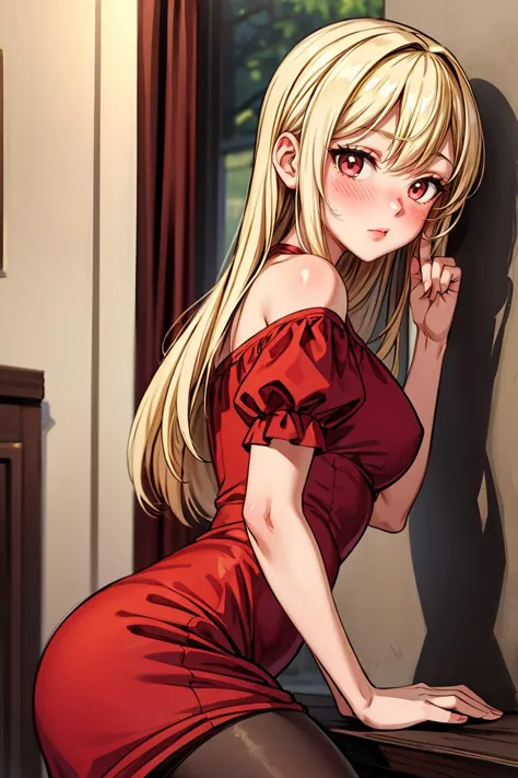 (masterpiece, best quality), 1girl, blonde hair, red dress, pantyhose, cute face, blush, <lora:add_detail:1>