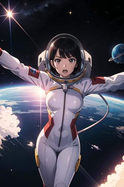 1girl, astronaut, bangs, floating, black_hair, bodysuit, breasts, brown_eyes, helmet, open_mouth, outstretched_arms, short_hair,...