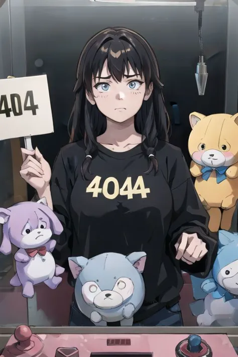 anime girl holding a sign with four stuffed animals behind her