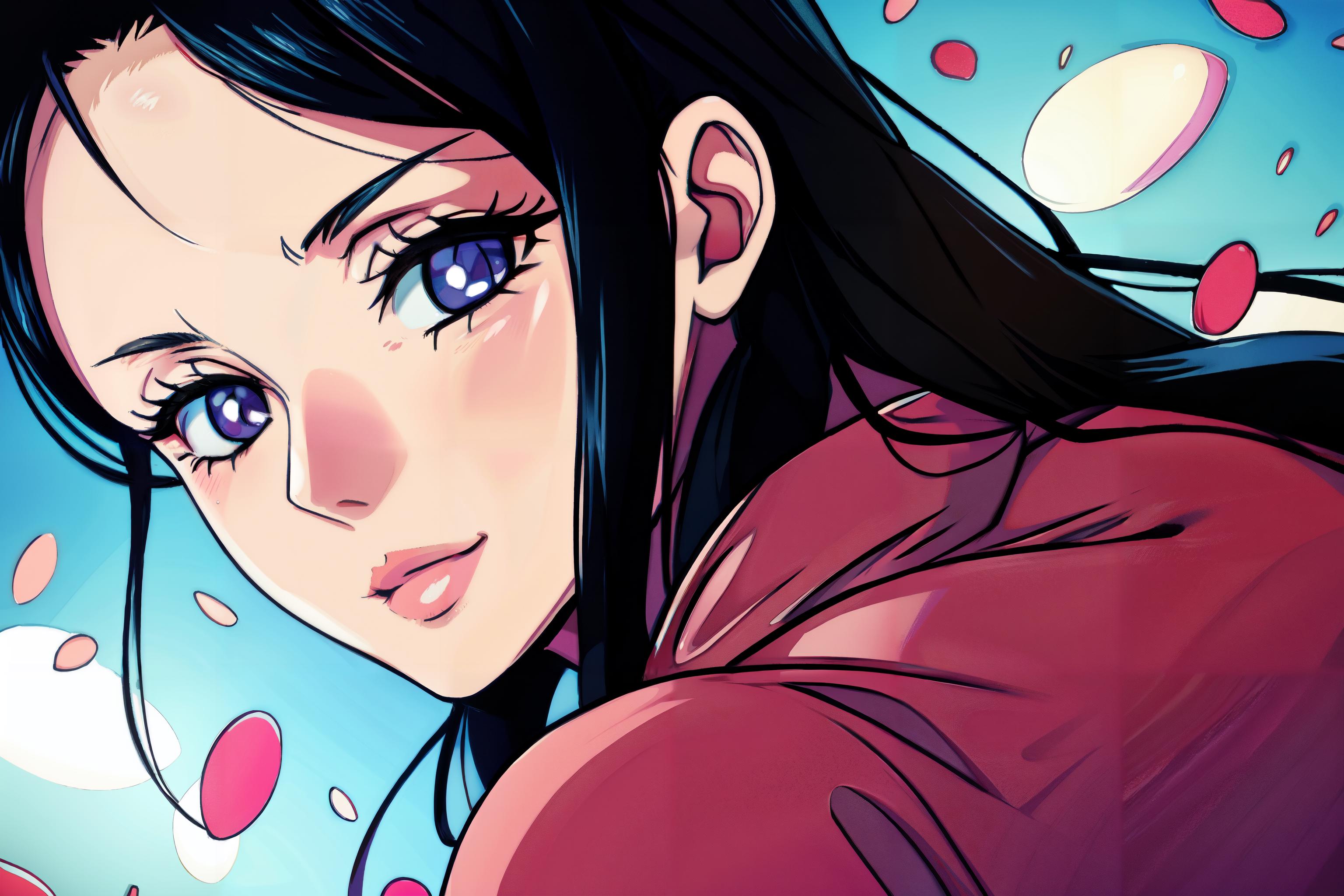 Anime girl with long black hair and blue eyes looking at camera - SeaArt AI