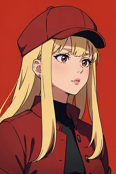1girl, beautiful face, blonde hair, bangs, upper body, anime, simple background, red background, black shirt, red jacket, red ca...