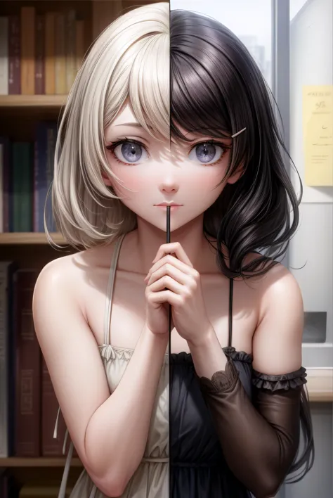 (extremely detailed CG unity 8k wallpaper),(ultra-detailed),masterpiece,best quality, smile face,  SplitScreen, split screen, close-up, black_hanekawa,  hanekawa_tsubasa, 
