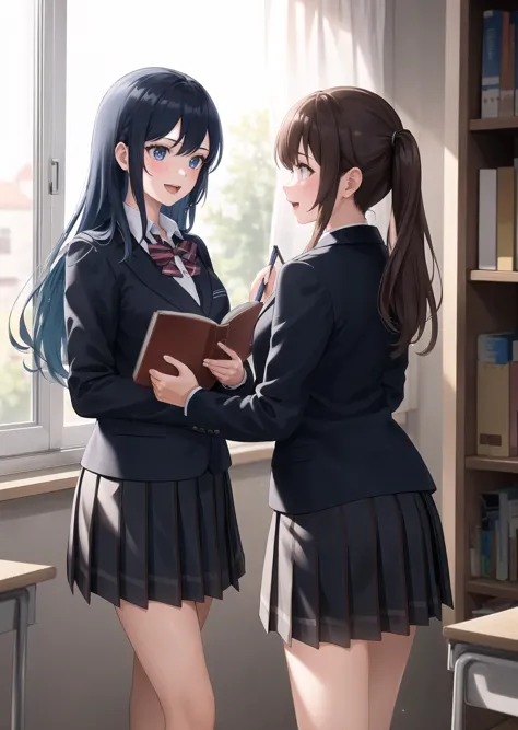 two girls in school uniforms are standing in front of a window