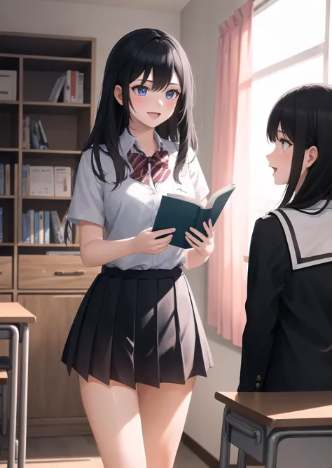 anime girl in school uniform reading a book while another girl looks on