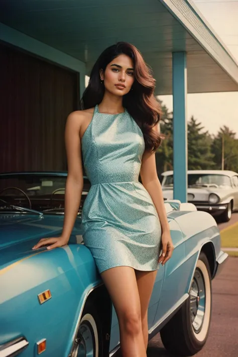 analog photo of RajaniCipher, big hair, wearing a retro 1960s dress, outside the Ramada Inn motel by a 1960s sports car , by Six...