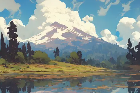 (nijiftb),
a painting of a mountain with a lake in front of it and a forest in the background with a few clouds in the sky above...