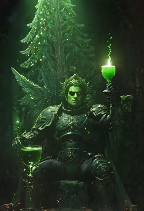 a man sitting on a throne holding a green glass