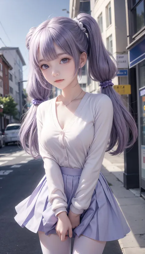 a woman with long purple hair and a white shirt posing on a street