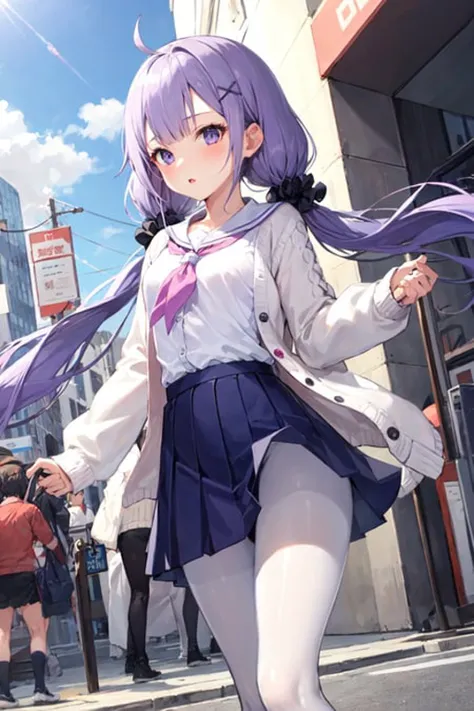 anime girl walking down the street in a short skirt and white shirt