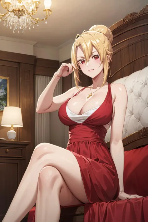 ((masterpiece, best quality,  high quality, highres,)) 
indoors, bedroom, on bed, crossed legs, 
looking at viewer,  evil smile, looking_down, from below, 
AngelicaV1, red dress, <lora:Angelica(Anime)-08:0.8>