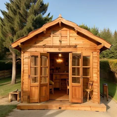 a close up of a wooden shed with a table and chairs